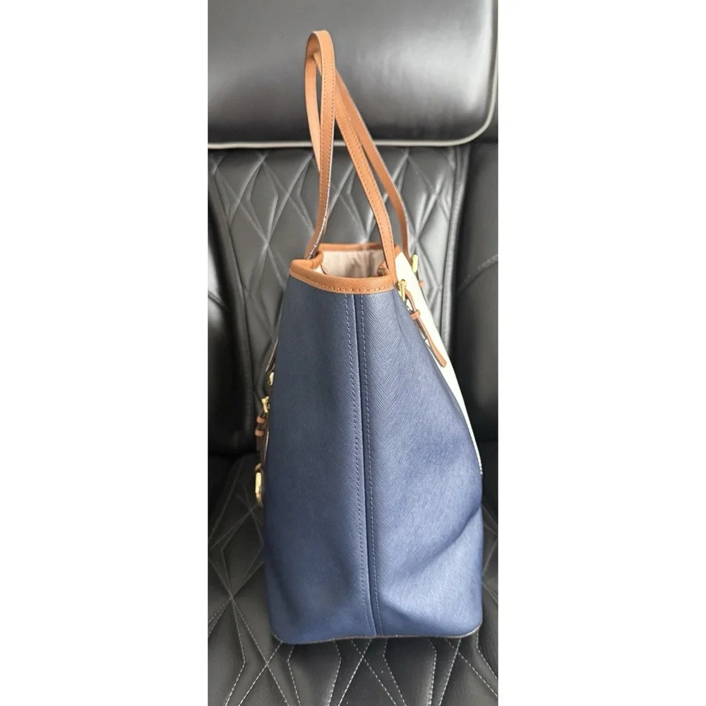 Michael Kors Jet Set Purse Handbag Tote Center Stripe Navy White Dust Bag